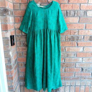 Avaasa Green Gold Leaf Print Oversized Lagenlook Rayon Dress Boho Chic Size L
